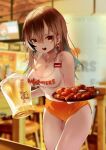  1girl absurdres alcohol alternate_costume beer blurry blurry_background brand_name_imitation breasts brown_eyes brown_hair chicken_(food) cleavage cup earrings foam food highres holding holding_cup holding_pitcher holding_plate hololive hololive_english hooters jewelry long_hair medium_breasts multicolored_hair name_tag nanashi_mumei open_mouth orange_shorts pitcher_(container) plate pparus print_shirt shirt short_shorts shorts solo streaked_hair tank_top thighs virtual_youtuber white_tank_top 