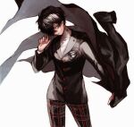  1boy amamiya_ren black_hair black_jacket brown_eyes formal hair_between_eyes hair_over_one_eye highres jacket long_sleeves male_focus pants persona persona_5 plaid plaid_pants saichuu_(more1208) school_uniform shuujin_academy_school_uniform simple_background solo suit turtleneck white_background 