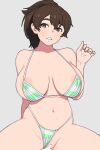  1girl after_sex areola_slip bikini bikini_bottom_aside breasts brown_eyes brown_hair clothing_aside cum cum_in_pussy girls_und_panzer hair_ribbon highres koyama_yuzu large_breasts navel onsen_tamago_(hs_egg) ponytail pussy ribbon simple_background swimsuit thick_eyebrows white_background 