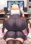  2girls absurdres ass ass_focus back black_skirt blonde_hair facing_away from_behind highres huge_ass long_hair lying miniskirt multiple_girls niliu_chahui on_stomach original panties panty_peek playing_games pleated_skirt school_uniform siblings sisters skirt thick_thighs thighhighs thighs tokisaki_asaba tokisaki_mio underwear video_game white_hair 