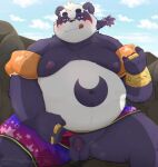  2023 96panda alp_(tas) anthro balls bear blush bottomwear clothing flaccid genitals giant_panda hi_res humanoid_hands kemono lifewonders male mammal moobs nipples outside overweight overweight_male penis purple_body shorts sitting solo tokyo_afterschool_summoners white_body 