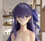  1girl bare_shoulders blue_eyes blue_ribbon blush breasts collarbone earrings fate/grand_order fate_(series) hair_ribbon highres jewelry long_hair looking_at_viewer meltryllis_(fate) obazzotto purple_hair ribbon small_breasts solo very_long_hair 