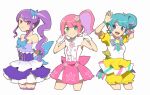  3girls :d arms_behind_back arms_up bare_shoulders blue_eyes blue_hair blush breasts butterfly_hair_ornament closed_mouth commentary_request cropped_legs dress earrings fingers_to_cheeks flower gloves green_eyes grin hair_bun hair_flower hair_ornament highres jewelry junon_(pripara) kanon_(pripara) long_hair looking_at_viewer multicolored_hair multiple_girls multiple_persona nojima_minami open_mouth pink_dress pink_flower pink_hair pinon_(pripara) pretty_(series) pripara puffy_short_sleeves puffy_sleeves purple_dress purple_hair rabbit_pose red_eyes short_hair short_sleeves side_ponytail sidelocks simple_background small_breasts smile star_(symbol) star_earrings strapless strapless_dress streaked_hair white_background white_gloves yellow_dress 