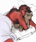  baldur&#039;s_gate black_hair demon dungeons_and_dragons female hair hasbro hi_res horn humanoid humanoid_pointy_ears karlach notfrate221 plushie red_body red_skin sleeping solo teddy_bear tiefling wizards_of_the_coast 