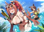  2girls absurdres bare_shoulders blue_sky blush breasts cleavage cloud collarbone commentary daiwa_scarlet_(umamusume) day grin groin hair_between_eyes hair_intakes highres horse_girl large_breasts multiple_girls navel open_mouth outdoors sidelocks skindentation sky smile standing stomach swimsuit sylph_kim teeth umamusume vodka_(umamusume) 