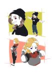  armor arms_up beanie black_headwear black_pants black_sweater blonde_hair blue_eyes blue_pants brown_hair character_request grin hat highres long_hair long_sleeves looking_at_viewer luo_xiaohei_zhanji nploser pants red_eyes red_scarf scarf smile sweater 