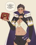  1boy abs bara bare_pectorals beard blush book brown_hair cape clenched_hand closed_eyes embarrassed english_commentary facial_hair fire_emblem fire_emblem_engage highres holding holding_book jael_dub male_focus mauvier_(fire_emblem) pectorals speech_bubble 