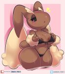  3_fingers absurd_res anthro areola big_breasts bikini black_bikini black_clothing black_sclera black_swimwear blush bottomwear breasts brown_areola brown_body brown_fur cleavage clothed clothing digital_media_(artwork) eyebrows eyelashes female fingers fur generation_4_pokemon hi_res lagomorph lopunny mammal midriff nintendo onigiri_punch open_mouth patreon pink_eyes pink_nose pokemon pokemon_(species) simple_background solo string_bikini swimwear tail thick_thighs topwear twitter under_boob wide_hips 