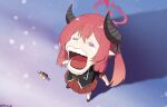  1girl black_footwear black_horns black_shirt blue_archive chibi dango food halo highres horns junko_(blue_archive) meme open_mouth pointy_ears red_hair red_skirt reia_76 shirt skirt solo tearing_up the_one_piece_is_real_(meme) tongue twintails wagashi 