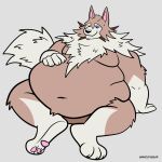  3_toes 5_fingers absurd_res anthro belly big_belly blue_eyes bodily_fluids feet fingers fluffy fur generation_7_pokemon grey_background hand_on_stomach hands_on_belly hi_res huge_belly leaning leaning_back leaning_on_arm looking_at_belly looking_down looking_down_at_self love_handles lycanroc male mindof multicolored_body multicolored_fur navel neck_tuft nintendo nude one_eye_closed overweight overweight_anthro overweight_male pawpads pink_inner_ear pink_pawpads pokemon pokemon_(species) simple_background sitting solo sweat sweatdrop tan_body tan_fur toes tuft twitter_handle two_tone_body two_tone_fur 