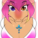  anthro blonde_hair blue_eyes breasts cleavage clothed clothing dragon eyebrow_through_hair eyebrows eyelashes female gem hair heterochromia hi_res highlights_(coloring) kloudmutt looking_at_viewer orange_body orange_eyes orange_scales purple_hair scales scalie solo tophire_gemhorn translucent translucent_hair 