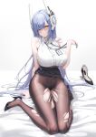  1girl alpha_(ypalpha79) alternate_costume bare_arms bare_shoulders black_skirt blue_hair blush breasts closed_mouth commission full_body girls&#039;_frontline high_heels highres large_breasts long_hair looking_at_viewer office_lady pantyhose pixiv_commission shirt skirt solo tar-21_(girls&#039;_frontline) thighs torn_clothes torn_pantyhose very_long_hair white_shirt yellow_eyes 