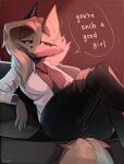  anthro blonde_hair breasts brown_body brown_fur canid canine english_text female fluffy fluffy_tail fur hair hi_res mammal prsmrti purple_eyes sitting solo speech_bubble tail text 