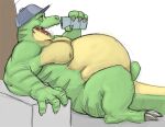  1:1 2012 anthro belly beverage_can big_belly can canson claws clothing container dinosaur fangs half-closed_eyes hat hat_only headgear headgear_only headwear headwear_only holding_can holding_container holding_object leaning leaning_back male mostly_nude narrowed_eyes nipples nude obese obese_anthro obese_male open_mouth overweight overweight_anthro overweight_male reptile scales scalie side_view sitting solo teeth toe_claws tongue 