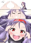 1girl :d absurdres ahoge armor blush commentary_request fingerless_gloves gloves hairband highres long_hair looking_at_viewer maximum7010 notice_lines pointy_ears purple_gloves purple_hair red_eyes red_hairband smile snoot_challenge solo_focus sword_art_online teeth tongue upper_teeth_only yuuki_(sao) 