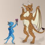  ambiguous_gender animal_genitalia anthro bouquet claws dragon duo flirting flower flower_bouquet genital_slit genitals horn kobold plant reptile scalie size_difference slit tiny_terrible 