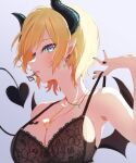  1girl bat_tattoo black_bra black_nails blonde_hair blue_eyes blush bra breast_tattoo breasts cleavage demon_girl demon_horns demon_wings earrings gold_necklace heart heart_earrings heart_necklace highres hololive horns jewelry lace-trimmed_bra lace_trim large_breasts loeldrive looking_at_viewer nail_polish necklace official_alternate_hairstyle open_mouth pointy_ears short_hair solo tattoo underwear virtual_youtuber wings yuzuki_choco 
