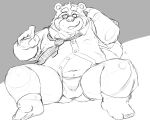  0ottotto0 2023 anthro bear belly blush bulge clothing eyewear glasses hi_res humanoid_hands kemono male mammal navel necktie overweight overweight_male shirt simple_background sitting sketch solo topwear underwear 