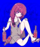  1girl @_@ alcohol bare_legs black_bow black_nails blue_background blunt_bangs bocchi_the_rock! bottle bow braid breasts chibikki cleavage closed_mouth dot_mouth dress drink drunk full_body geta grey_dress hair_bow hair_over_shoulder hand_on_own_knee highres hiroi_kikuri holding holding_bottle holding_drink knee_up long_hair multiple_views nail_polish off_shoulder outline pink_eyes pixel_art purple_hair single_braid sitting sleeveless sleeveless_dress small_breasts white_outline 