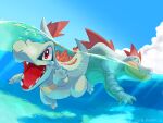  air_bubble bubble claws cloud commentary_request day feraligatr highres open_mouth outdoors partially_underwater_shot plankton_(ganoona) pokemon red_eyes sharp_teeth sky teeth tongue totodile watermark 