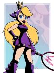  1girl absurdres black_lips blonde_hair blue_eyes boots breasts dress hand_on_own_hip highres holding_tennis_racket knee_boots lipstick long_hair looking_at_viewer makeup mario_(series) mario_tennis medium_breasts purple_dress roboticsteve solo wapeach 