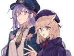  2girls akafuyu_(arknights) akafuyu_(temperament)_(arknights) animal_ear_fluff arknights beret bespectacled blazer blue_hair blue_headwear blue_jacket bow bowtie braid breasts brown_hair closed_mouth collared_shirt commentary frown glasses green_necktie hair_ornament hairclip hand_up hat highres jacket long_hair looking_at_viewer medium_breasts multiple_girls necktie official_alternate_costume open_mouth orange_eyes peaked_cap purple_eyes purple_headwear purple_jacket red_bow red_bowtie shirt short_hair shouganaigame simple_background smile upper_body utage_(arknights) utage_(disguise)_(arknights) waving white_background white_shirt 