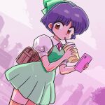  backpack bag blue_hair breasts cellphone dress drinking drinking_straw green_dress hat holding holding_phone necktie outdoors phone ranma_1/2 short_hair tendou_akane tree wanta_(futoshi) 