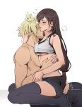  1boy 1girl bike_shorts black_thighhighs blonde_hair blue_eyes blush breasts cloud_strife crop_top final_fantasy final_fantasy_vii final_fantasy_vii_remake hand_on_another&#039;s_arm hand_on_another&#039;s_head hand_on_another&#039;s_stomach hetero highres kiss kissing_neck long_hair low-tied_long_hair pudelmudel spiked_hair thighhighs tifa_lockhart topless_male underboob 