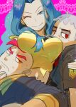  1girl 2boys bald bare_arms black_jacket blue_eyes blue_hair breast_focus breast_rest breasts breasts_on_head crop_top grey_hair half-closed_eyes hand_on_another&#039;s_arm hand_on_another&#039;s_back hand_on_another&#039;s_chin highres jacket karen_(pokemon) large_breasts light_blue_hair long_hair mature_male midriff multiple_boys nanu_(pokemon) niji_(shihio) one_eye_closed parted_bangs parted_hair pink_background pokemon pokemon_(game) pokemon_hgss pokemon_oras pokemon_sm red_eyes red_hair red_shirt shirt short_sleeves sidney_(pokemon) sleeves_past_elbows spaghetti_strap spiked_hair sweat yellow_shirt 
