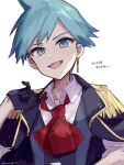  1boy :d alternate_costume ascot black_gloves collared_shirt commentary_request earrings epaulettes gloves green_eyes green_hair hand_up happy highres jewelry looking_at_viewer male_focus open_mouth pokemon pokemon_(game) pokemon_oras red_ascot shirt short_hair smile solo steven_stone sumeragi1101 teeth upper_body upper_teeth_only vest white_background white_shirt 