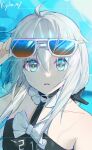  1girl ahoge bare_shoulders blue_eyes eyewear_removed grey_hair hair_between_eyes kylin_47 long_hair no.21_(punishing:_gray_raven) one-piece_swimsuit parted_lips punishing:_gray_raven sidelocks signature sunglasses swimsuit 