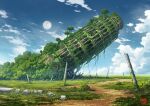  abandoned absurdres blue_sky cloud commentary_request day dilapidated full_moon grass highres landmark leaning_tower_of_pisa moon moss no_humans original outdoors overgrown pillar post-apocalypse ruins scenery sky tokyogenso tree 