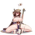  1girl absurdres animal_ears azur_lane bare_shoulders barefoot blush breasts brown_hair collarbone cow_ears cow_girl cow_horns floating flower hair_flower hair_ornament highres holding holding_instrument horns huge_breasts instrument japanese_clothes kashino_(azur_lane) kashino_(hot_springs_relaxation)_(azur_lane) kimono long_hair mihua_mh milk pelvic_curtain pouring purple_eyes purple_kimono simple_background solo squatting very_long_hair white_background 