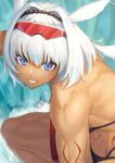  1girl animal_ears bare_shoulders bikini blue_eyes caenis_(fate) commentary_request dark_skin eyewear_on_head fate/grand_order fate_(series) grin highres looking_at_viewer ranma_(kamenrideroz) smile solo sunglasses swimsuit thighs water white_hair 