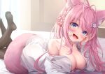  1girl animal_ears breasts cleavage fang hakui_koyori highres hololive large_breasts lllconfidential long_hair looking_at_viewer lying no_shoes on_stomach open_mouth pink_hair pink_tail smile soles solo tail toes virtual_youtuber wolf_ears wolf_girl wolf_tail 