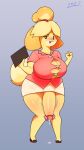  2023 absurd_res animal_crossing anthro big_breasts big_penis blush bodily_fluids bottomwear breasts canid canine canis clothed clothing domestic_dog genital_fluids genitals gynomorph hi_res i3i2455_ivi394 intersex isabelle_(animal_crossing) looking_at_viewer mammal nintendo penis penis_under_skirt precum sex_toy shih_tzu simple_background skirt smile solo tail thick_penis toy_dog vibrator yellow_body 