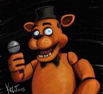  2015 4_fingers animatronic anthro bear black_background black_eyebrows black_nose blue_eyes bow_tie brown_body brown_fur clothing eyebrows fingers five_nights_at_freddy&#039;s freddy_(fnaf) fur hat headgear headwear machine male mammal microphone moxifoxi open_mouth robot scottgames simple_background solo teeth top_hat 