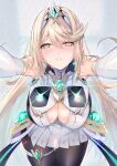  1girl black_pantyhose blonde_hair blush breasts circlet cleavage cleavage_cutout clothing_cutout core_crystal_(xenoblade) cowboy_shot dress earrings elbow_gloves gloves glowing grin half-closed_eyes inoue_takuya_(tactactak) jewelry large_breasts leaning_forward long_hair looking_at_viewer mythra_(massive_melee)_(xenoblade) mythra_(xenoblade) outstretched_arms pantyhose parted_lips smile solo swept_bangs teeth thigh_strap very_long_hair white_dress white_gloves xenoblade_chronicles_(series) xenoblade_chronicles_2 yellow_eyes 