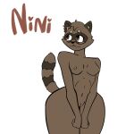  anthro blush breasts butt female genitals hi_res humanoid mammal nipples nirezii nude original_content original_nirezii procyonid pussy raccoon simple_background smile solo tail text 