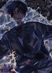  1boy blood blood_in_water blood_on_face collared_shirt highres long_sleeves open_mouth original shirt shirt_under_shirt short_hair skeletal_arm smile solo sriokorr teeth upper_body water 