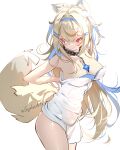  1girl animal_ear_fluff animal_ears blonde_hair blue_hair breasts chain cleavage collar collarbone dog_ears dog_girl dog_tail dress fuwawa_abyssgard hair_ornament hairclip headband hololive hololive_english large_breasts long_hair multicolored_hair red_eyes solo streaked_hair sydus tail two-tone_hair two_side_up virtual_youtuber white_background 