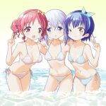  3girls bikini blue_bikini blue_eyes blue_hair blue_hairband breasts brown_eyes double_bun gochuumon_wa_usagi_desu_ka? hair_bun hairband icegeo jouga_maya kafuu_chino leaning_forward multiple_girls natsu_megumi one_eye_closed pink_bikini red_eyes red_hair short_hair side-tie_bikini_bottom small_breasts swimsuit wading water white_bikini white_hair 