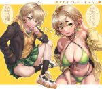  +++ 1girl adjusting_hair ahoge arrow_(symbol) bandaid bandaid_on_knee bandaid_on_leg bikini black_socks blonde_hair blush braid breasts commentary_request ear_piercing earbuds earphones earrings fangs flying_sweatdrops french_braid front-tie_bikini_top front-tie_top halterneck hand_in_pocket highres hood hoodie jewelry large_breasts looking_at_viewer multi-strapped_bikini_bottom multiple_views navel off_shoulder original piercing pleated_skirt school_uniform shashaki shoes short_hair simple_background sitting skindentation skirt smile sneakers socks swimsuit tomboy translation_request wet 