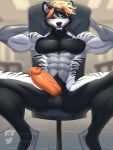  abs alna_fratcher anthro balls big_penis bodily_fluids canid canine canis chair digital_media_(artwork) dog_tags domestic_dog erection fox fur furniture genital_fluids genitals hair hi_res huge_penis hyena looking_at_viewer male mammal muscular muscular_anthro muscular_male nude office office_chair orange_eyes orange_hair penis piercing sitting smile solo spread_legs spreading veikko wolf yellow_eyes 