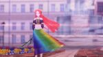  1girl choker closed_eyes flower hair_flower hair_ornament holding holding_flower jewelry long_hair long_sleeves necklace non-web_source piano_keys rainbow_neckwear rainbow_skirt red_hair strapless youtube 