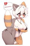  anthro bent_over big_breasts breasts calico_cat clothed clothing covering covering_breasts domestic_cat embarrassed felid feline felis female fur hair hi_res jewelry jupiter_europe mammal multicolored_body multicolored_fur necklace partially_clothed raised_tail skimpy solo spiral_eyes tail wardrobe_malfunction whiskers white_hair 