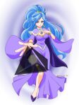 1girl absurdres blue_hair bracelet breasts chrono_trigger cleavage dated dress gradient_background grey_eyes hand_on_own_chest high_heels highres jewelry long_hair looking_at_viewer magic medium_breasts necklace purple_dress schala_zeal shikiwo side_slit signature solo tiara triangle very_long_hair 