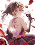  1girl alcohol alternate_costume black_dress black_gloves black_hair butterfly_hair_ornament cup dress drinking_glass elbow_gloves flower gloves hair_ornament highres holding holding_cup kimetsu_no_yaiba leaf long_hair looking_at_viewer purple_eyes side_ponytail solo tsuyuri_kanao user_hjkt8883 wine wine_glass 