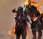  1girl animal artist_name belt black_belt black_headwear black_pants brown_background cape covered_collarbone cowboy_hat earrings facing_animal fire funsizedipstick hat high_noon_senna horse jewelry league_of_legends official_alternate_costume orange_cape pants senna_(league_of_legends) solo 