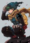  1boy adjusting_mask arm_up backpack bag bangs belt_pouch bodysuit boku_no_hero_academia cape chiyaya covered_mouth curly_hair falling_petals floating_cape floating_clothes freckles from_side full_body gloves green_bodysuit green_hair green_mask grey_background grey_gloves hand_on_own_knee highres male_focus mask mask_on_head midoriya_izuku official_alternate_costume petals pouch profile short_hair simple_background slav_squatting solo spoilers squatting torn_sleeve wind yellow_bag yellow_cape 